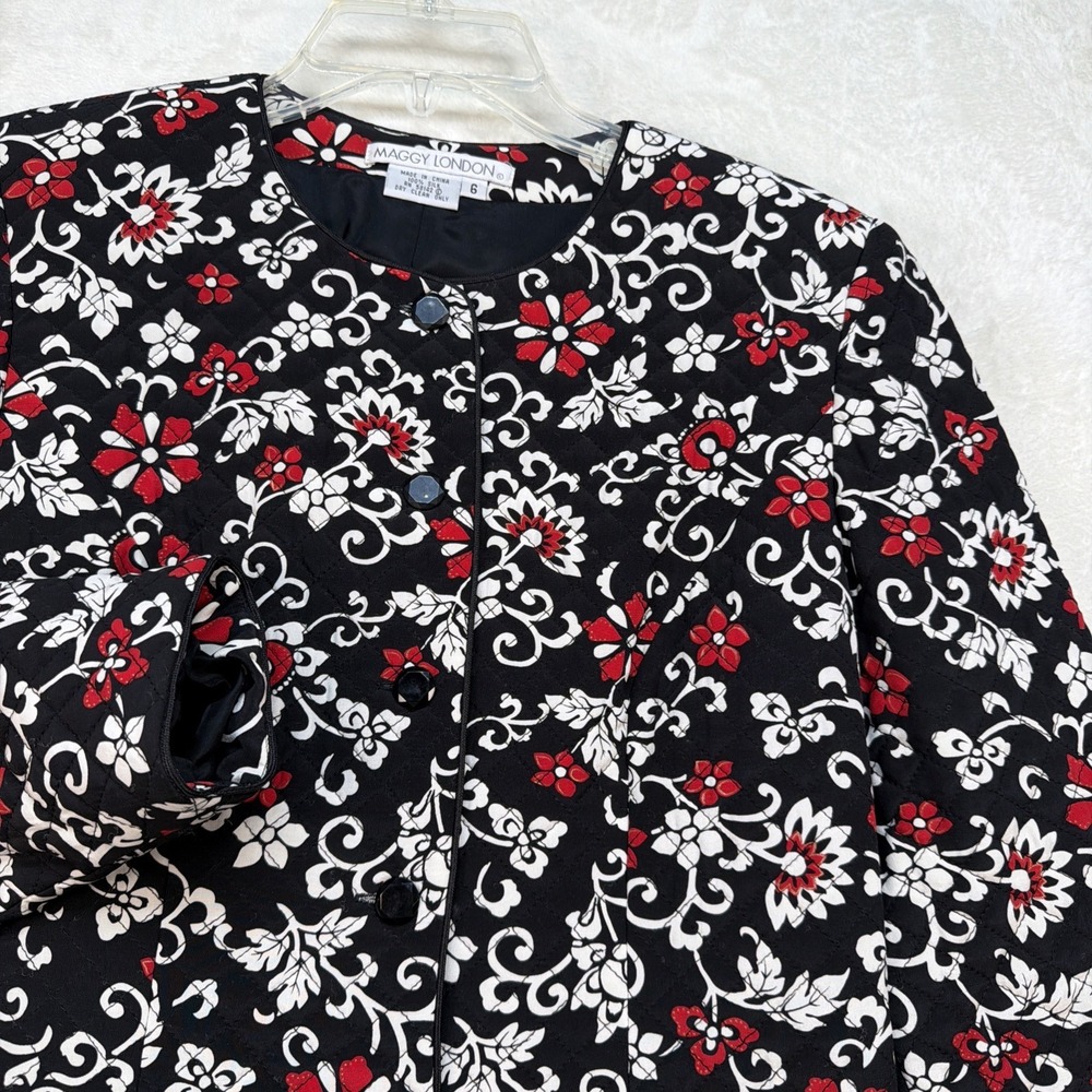 Vintage Maggy London Silk Floral Jacket Quilted Cropped Black Red Women's 6